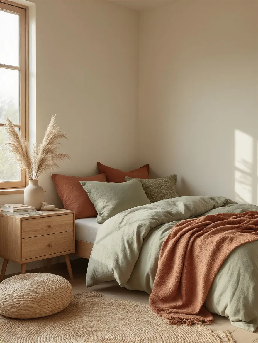 A tranquil boho bedroom corner featuring a cohesive earth-inspired color palette with creamy white walls, natural wood, terracotta, and sage green textiles, under soft sunlight.