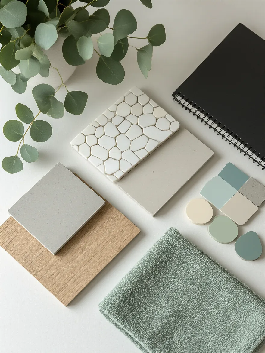 A curated flat lay of bathroom design materials including light concrete and marble tiles, wood veneer, and fabric swatches, with paint chips and a sketch notebook, under soft overhead light, representing defining a bathroom aesthetic and mood.