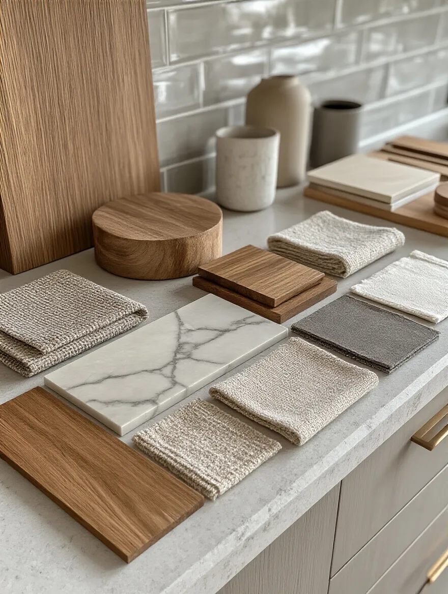 A professionally arranged kitchen mood board featuring various material samples like wood, stone, tile, and metal, on a light countertop, illustrating cohesive design for a kitchen remodel.