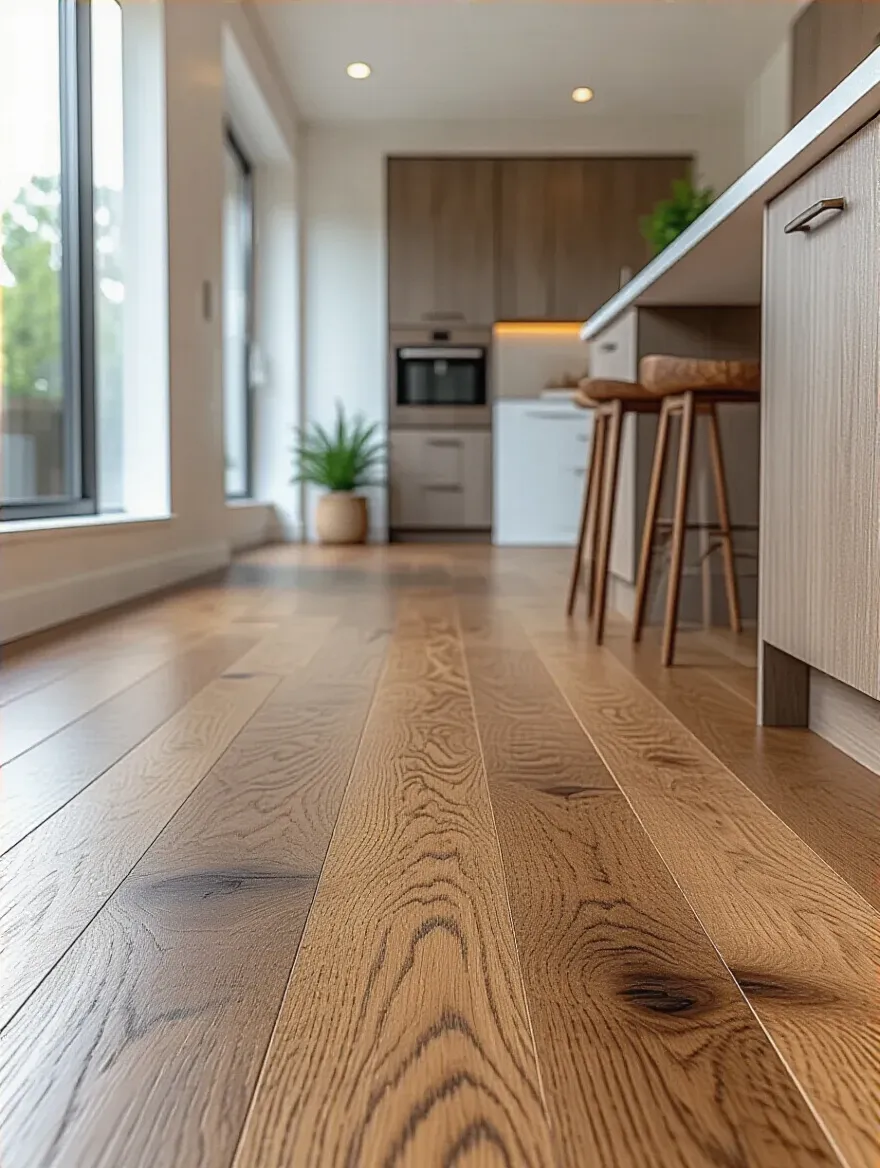 Engineered wood flooring in a modern kitchen, highlighting durability, natural wood grain, and sleek finish for residential spaces.