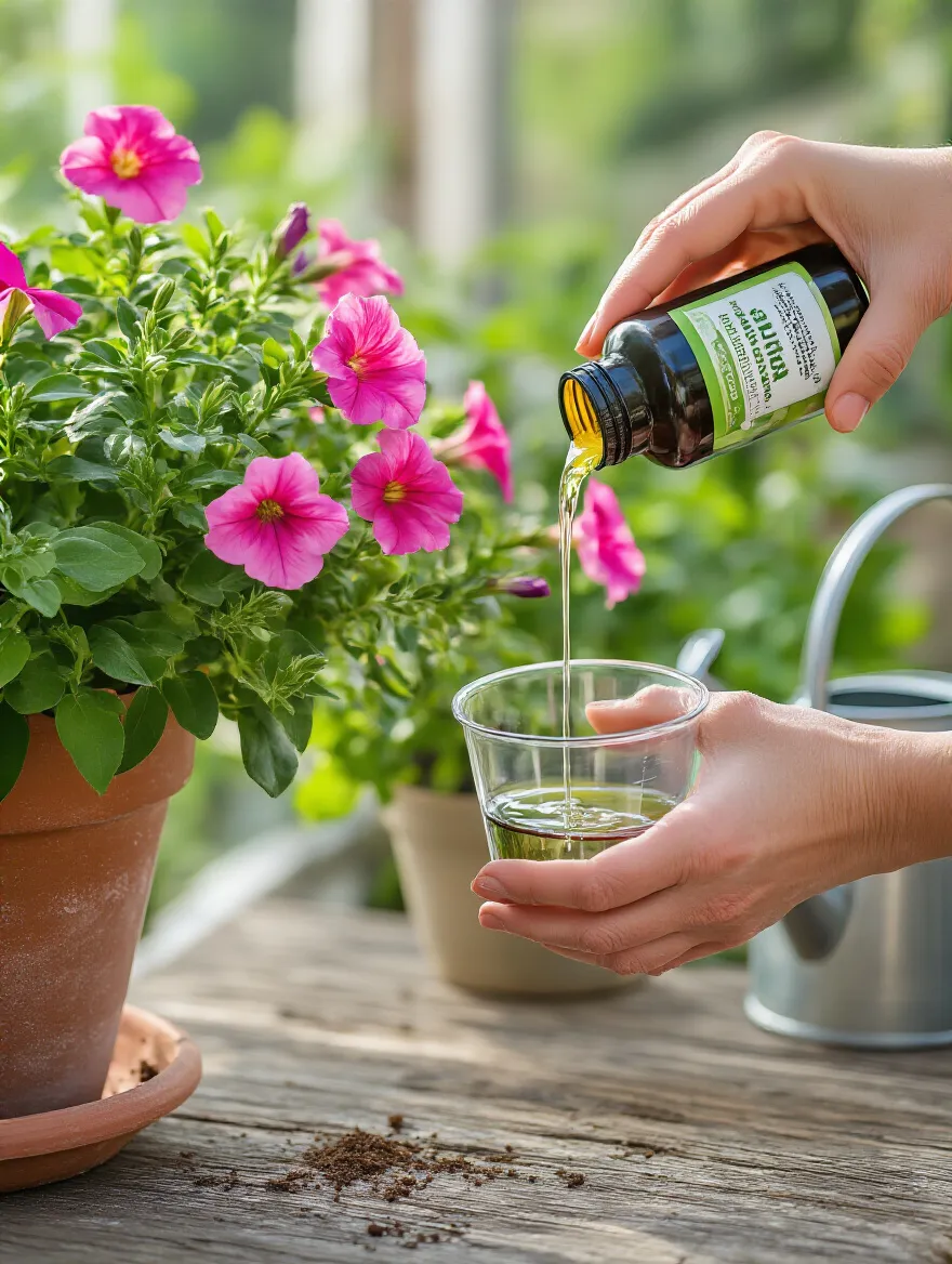 A hand carefully pouring liquid fertilizer into a measuring cup, preparing to feed a lush, blooming petunia in a terracotta pot, symbolizing a consistent container garden fertilization schedule.