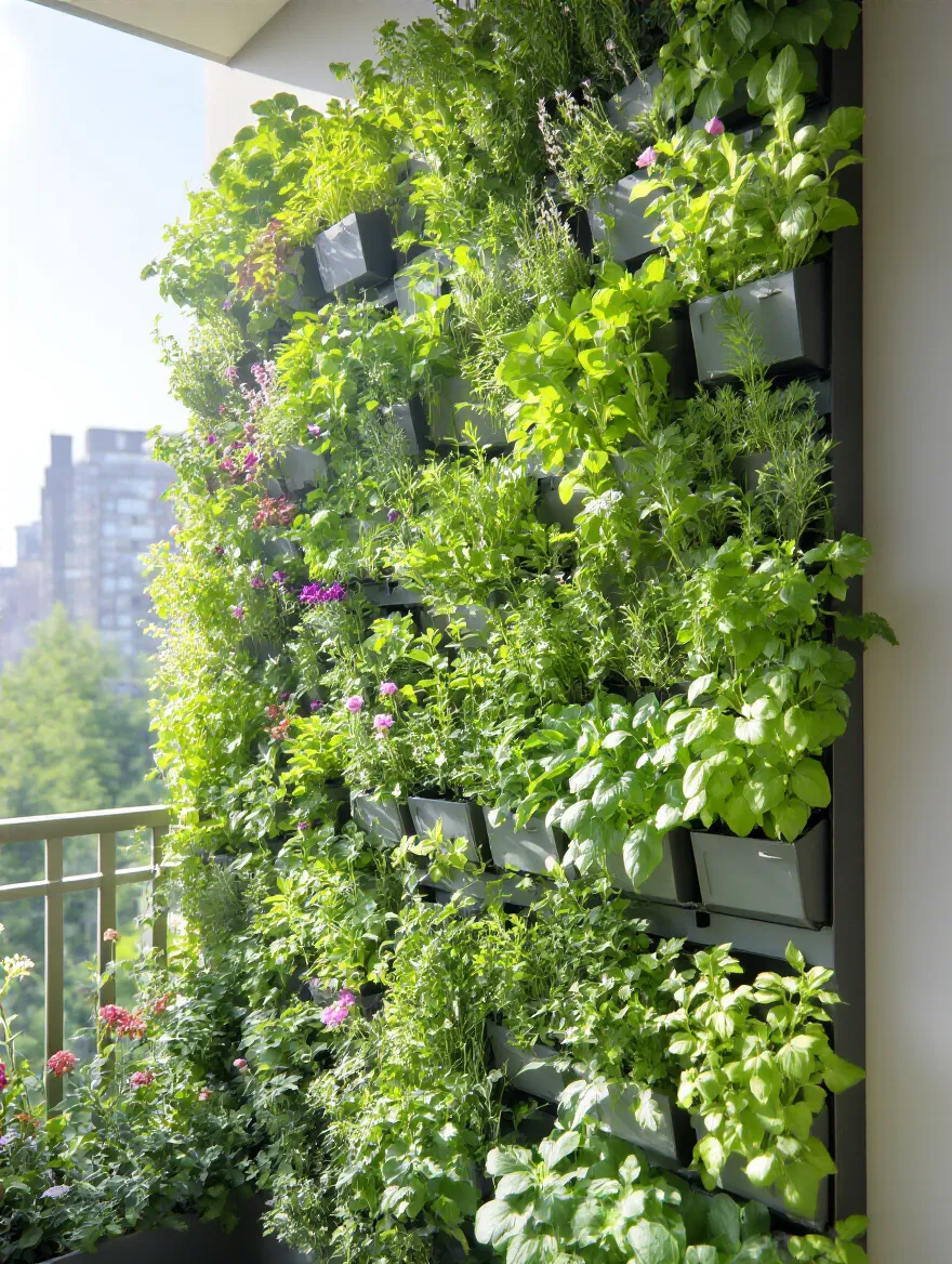 A thriving vertical garden system installed on a balcony wall, overflowing with herbs and leafy greens, perfectly utilizing a small urban space.