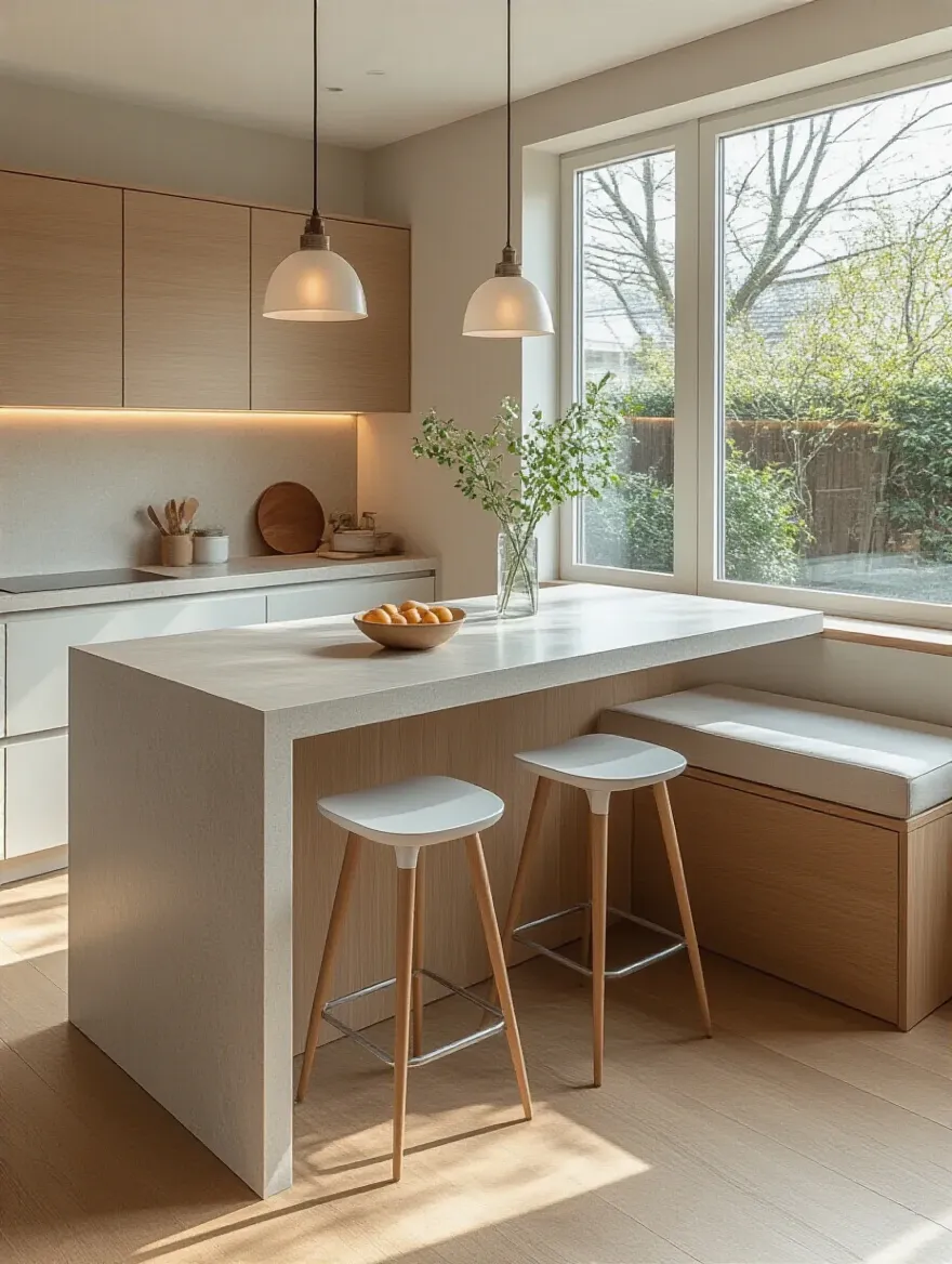 Modern kitchen island with a white countertop extended to create a small eat-in nook, featuring two gray bar stools and soft overhead lighting in a contemporary kitchen.