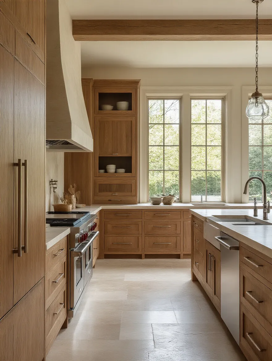 Modern kitchen with integrated smart home hub in a fluted walnut island and concrete countertop, soft LED lighting, showing advanced automation.