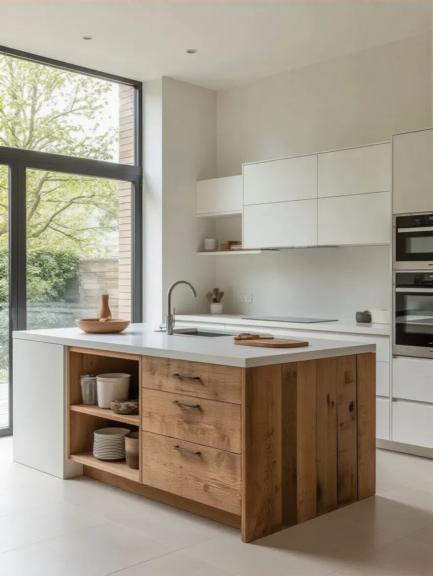 Modern kitchen with ergonomic design featuring seamless transitions between ultra-compact surfaces and warm wooden island, smart storage, and intuitive appliance placement under soft, diffused lighting.