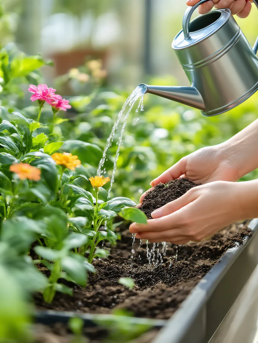 Close-up of a hand checking soil moisture in a container plant with a watering can in the background, illustrating consistent watering practices.