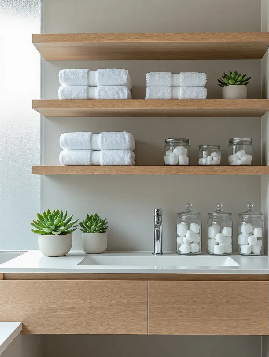 Modern bathroom with open wooden shelves styled with neatly folded white towels, small green plants, and clear decorative containers, positioned above a minimalist white vanity.