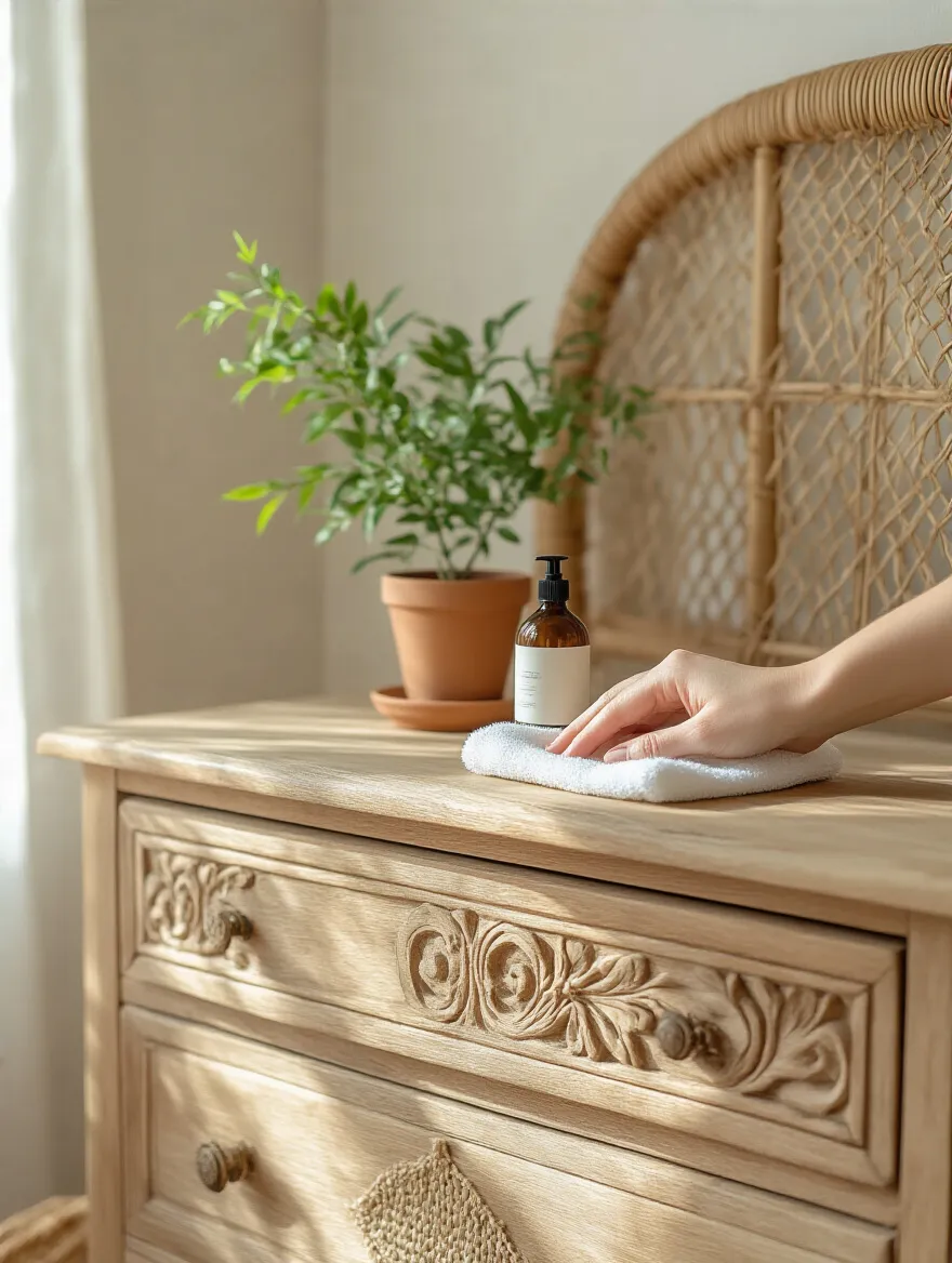 Close-up of a hand gently cleaning a natural wood dresser with a microfiber cloth in a sunlit boho bedroom, emphasizing regular natural furniture care and maintenance for longevity.