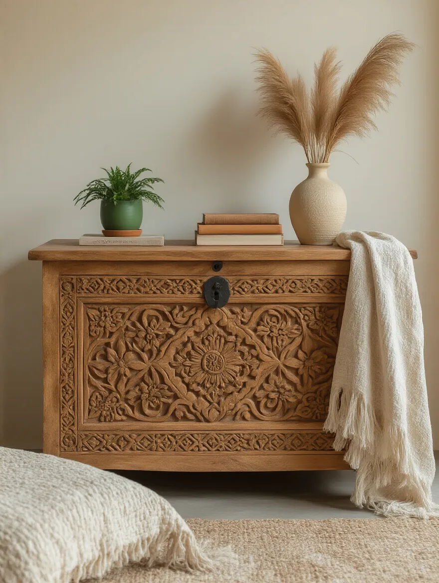 A beautifully hand-carved wooden chest styled with a potted plant and books, acting as a decorative storage solution in a sunlit boho bedroom.