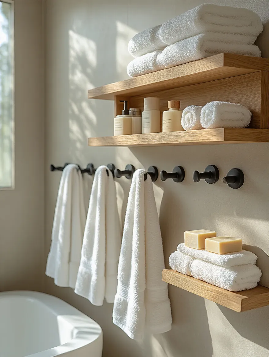 Modern bathroom with wall-mounted matte black hooks holding white towels and a wood shelf caddy organizing toiletries, illustrating efficient bathroom storage solutions.