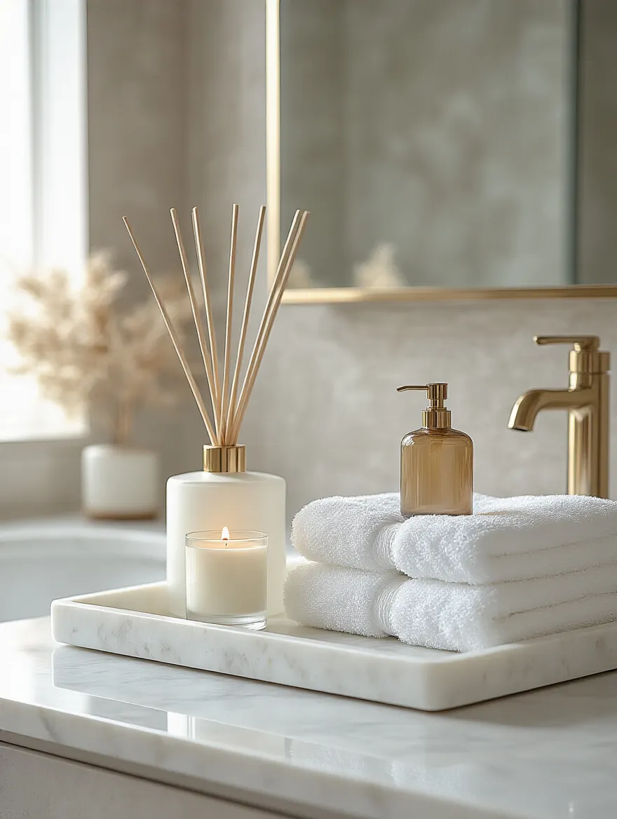 Modern bathroom with a large abstract acrylic painting above a white vanity and gold-framed mirror, demonstrating effective wall decor.