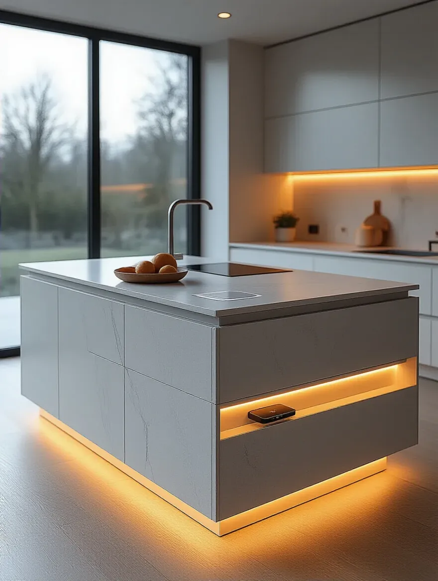A modern kitchen island with integrated smart technology: a flush wireless charging pad on a quartz countertop, subtle under-cabinet LED lighting, and a pop-up power outlet, showcasing smart kitchen island technology.