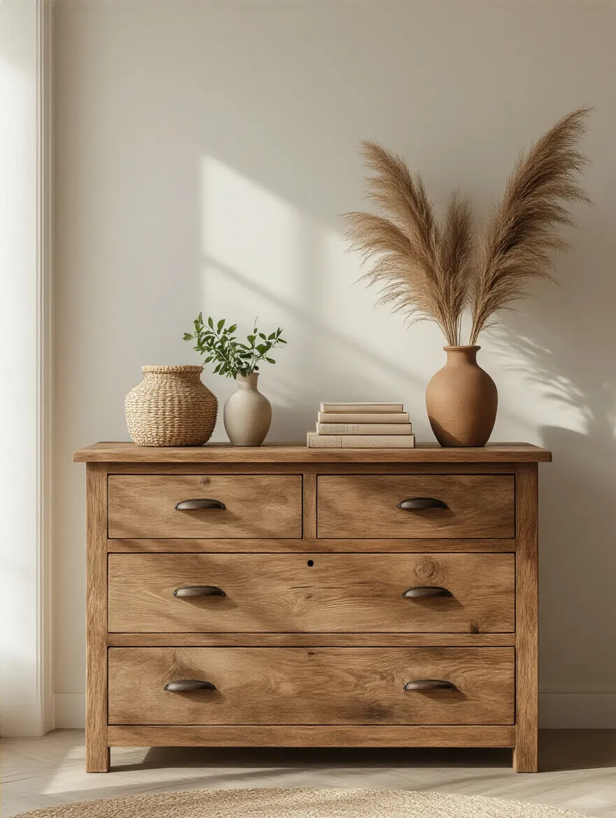 Rustic teak wood dresser with woven baskets, pampas grass, and books in a boho bedroom