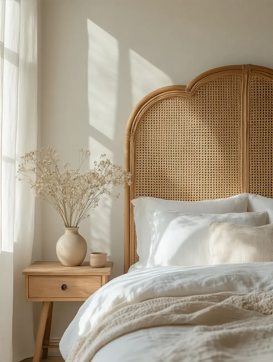 Bohemian bedroom featuring a textured cane headboard, white linen bedding, and soft natural lighting creating a serene atmosphere.