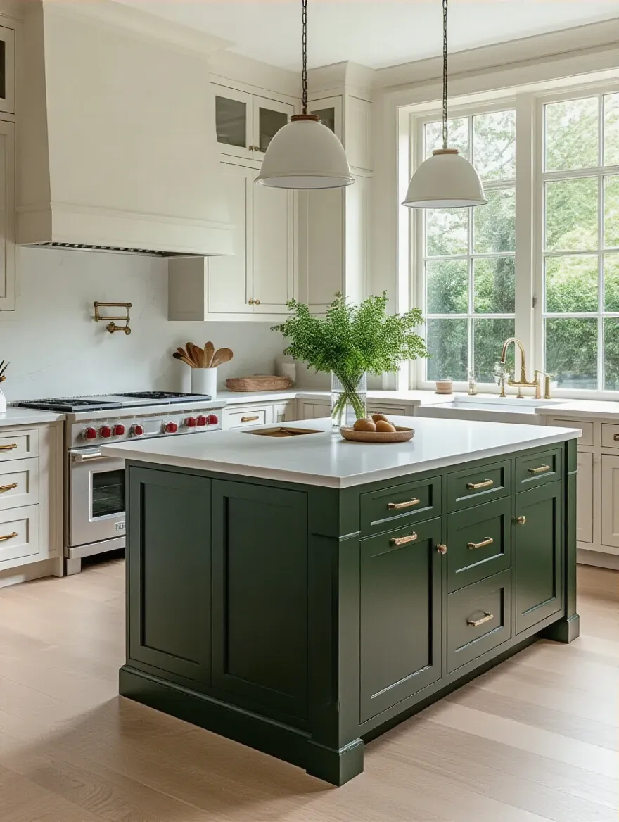 Modern kitchen featuring a large island with deep forest green cabinets, contrasting against light grey main cabinets and a white quartz countertop. Highlighting visual impact through contrasting kitchen island colors.