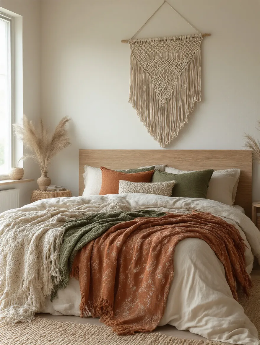 Bohemian bedroom featuring a large intricate beige macrame wall hanging over a wooden bed adorned with layered patterned throws in neutral and earthy colors, creating a cozy and textured look.