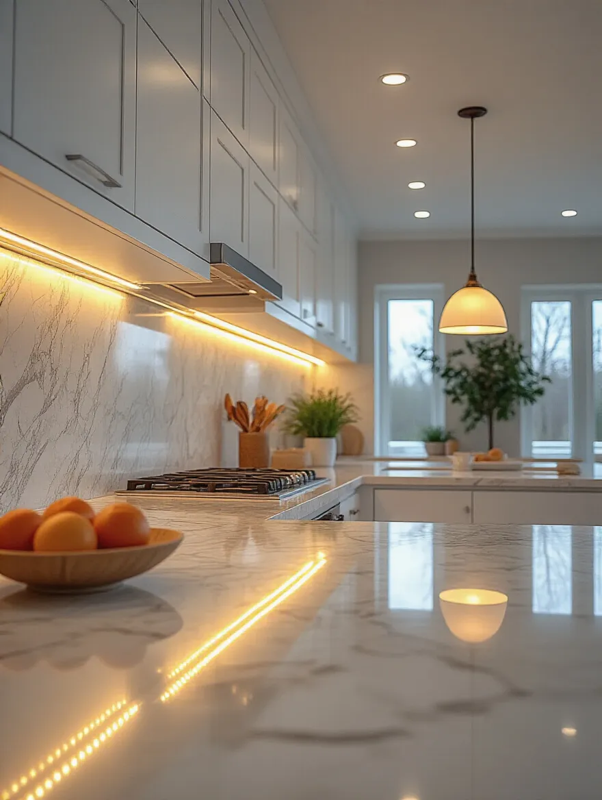 A modern kitchen with layered lighting, showing under-cabinet task lights on a polished quartz countertop, recessed ambient lighting, and a pendant light over a honed marble island.