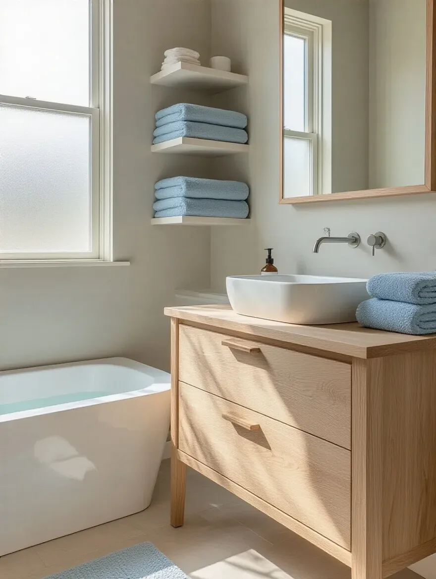 A serene bathroom featuring a cohesive color palette of greige walls, natural wood vanity, and dusty blue accents, demonstrating expert color selection for a tranquil space.