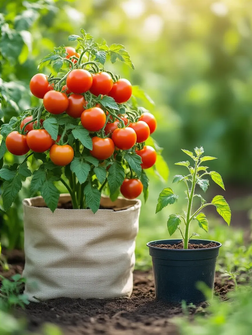 A large, healthy tomato plant thriving in a spacious fabric grow bag contrasted with a smaller, struggling tomato plant in an undersized plastic pot, illustrating the critical importance of selecting the correct container size for optimal plant growth and health.