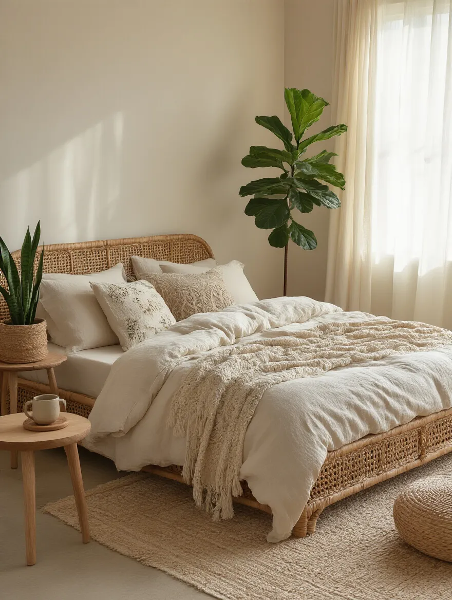 Low-profile woven rattan bed frame in a bohemian bedroom with natural textiles, potted plants, and soft lighting, enhancing organic charm.
