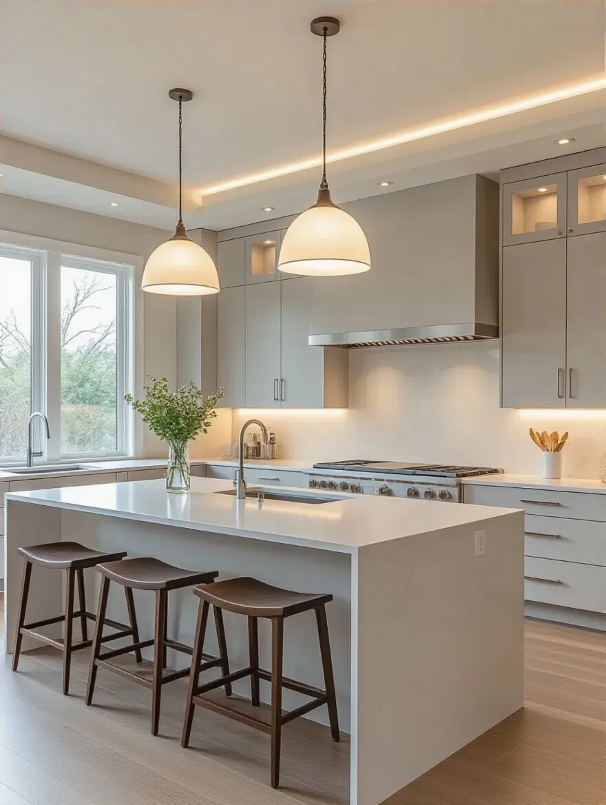 Modern kitchen island with two stylish pendant lights providing bright task illumination and recessed lights casting a soft ambient glow, creating a well-lit and inviting culinary space.