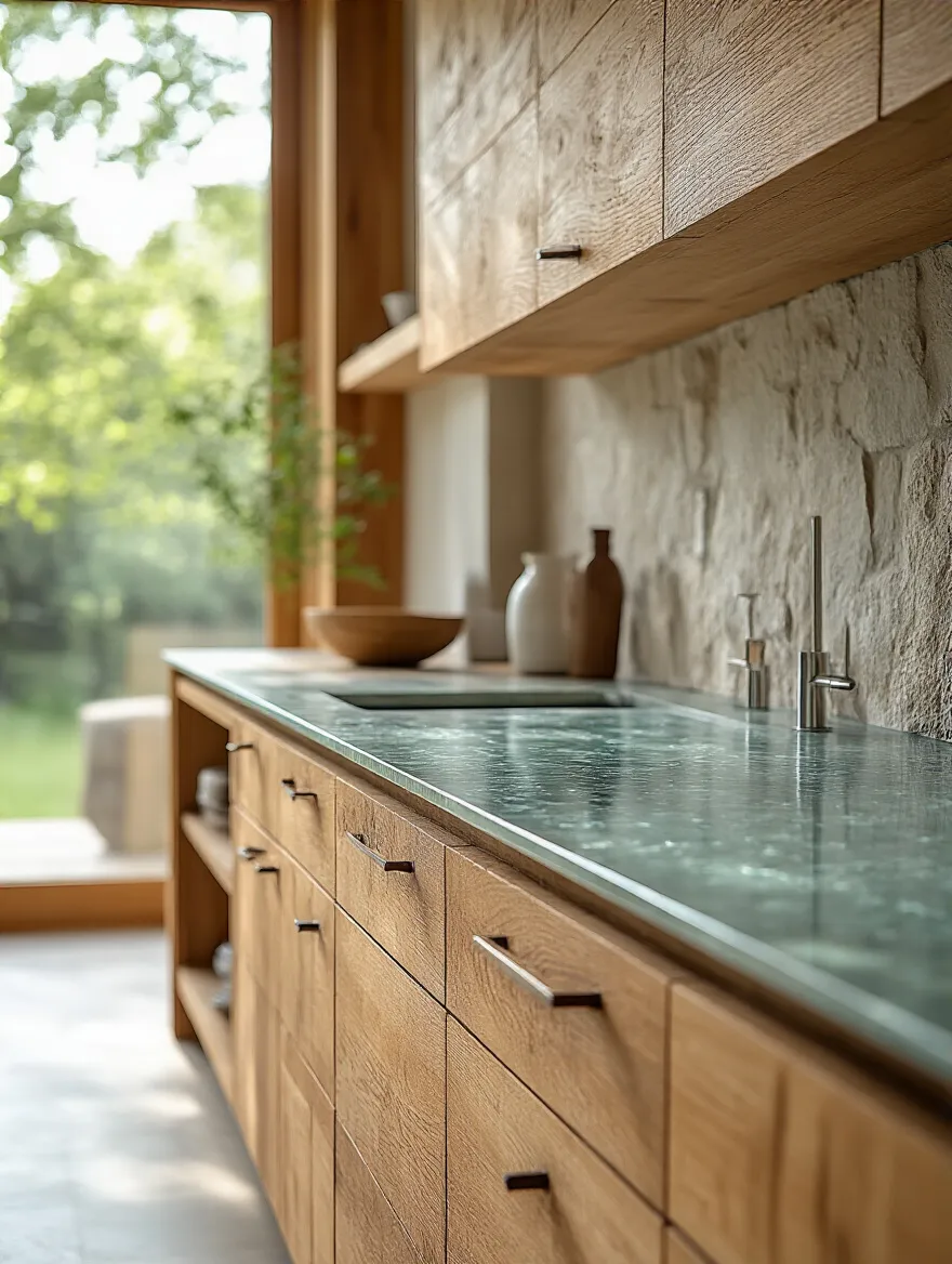 Modern kitchen interior featuring sustainable design: recycled glass countertop, reclaimed wood cabinetry, natural light, promoting ecological stewardship and sustainable materials.