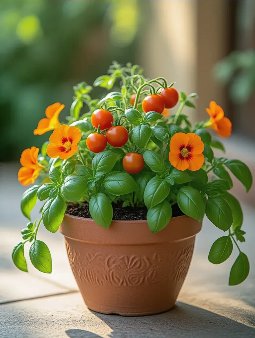 Close-up of a container with vibrant companion plants: a red bush tomato, green basil, and orange nasturtium, showing a healthy and harmonious container garden pairing.