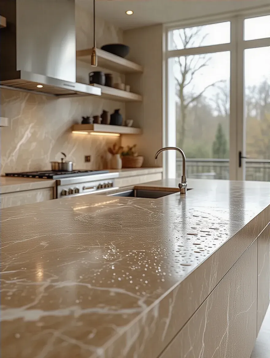 Modern kitchen island with engineered stone countertop, showcasing durability and ease of maintenance due to excellent kitchen countertop properties.