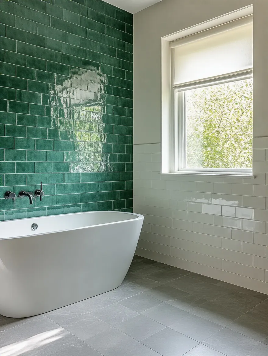 Modern bathroom with large format light gray floor tiles and an emerald green zellige accent wall, showcasing sophisticated tile designs.