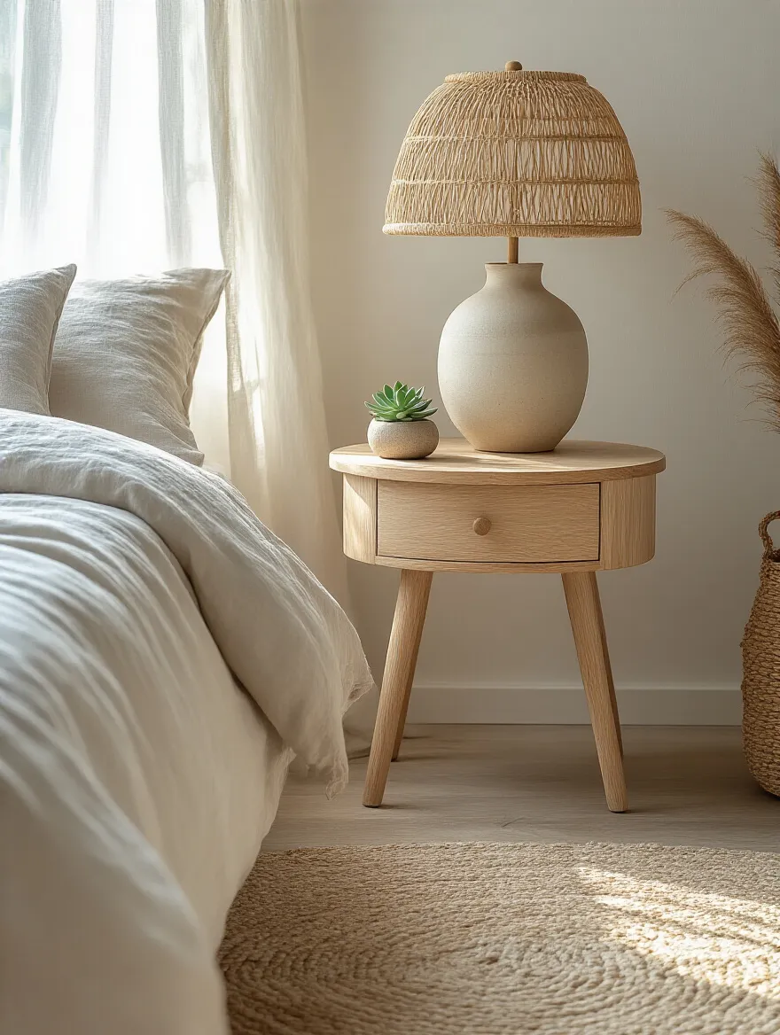 A beautifully styled boho bedroom featuring a round wooden nightstand next to a bed, softening the room's angles with natural textures and a calming aesthetic.