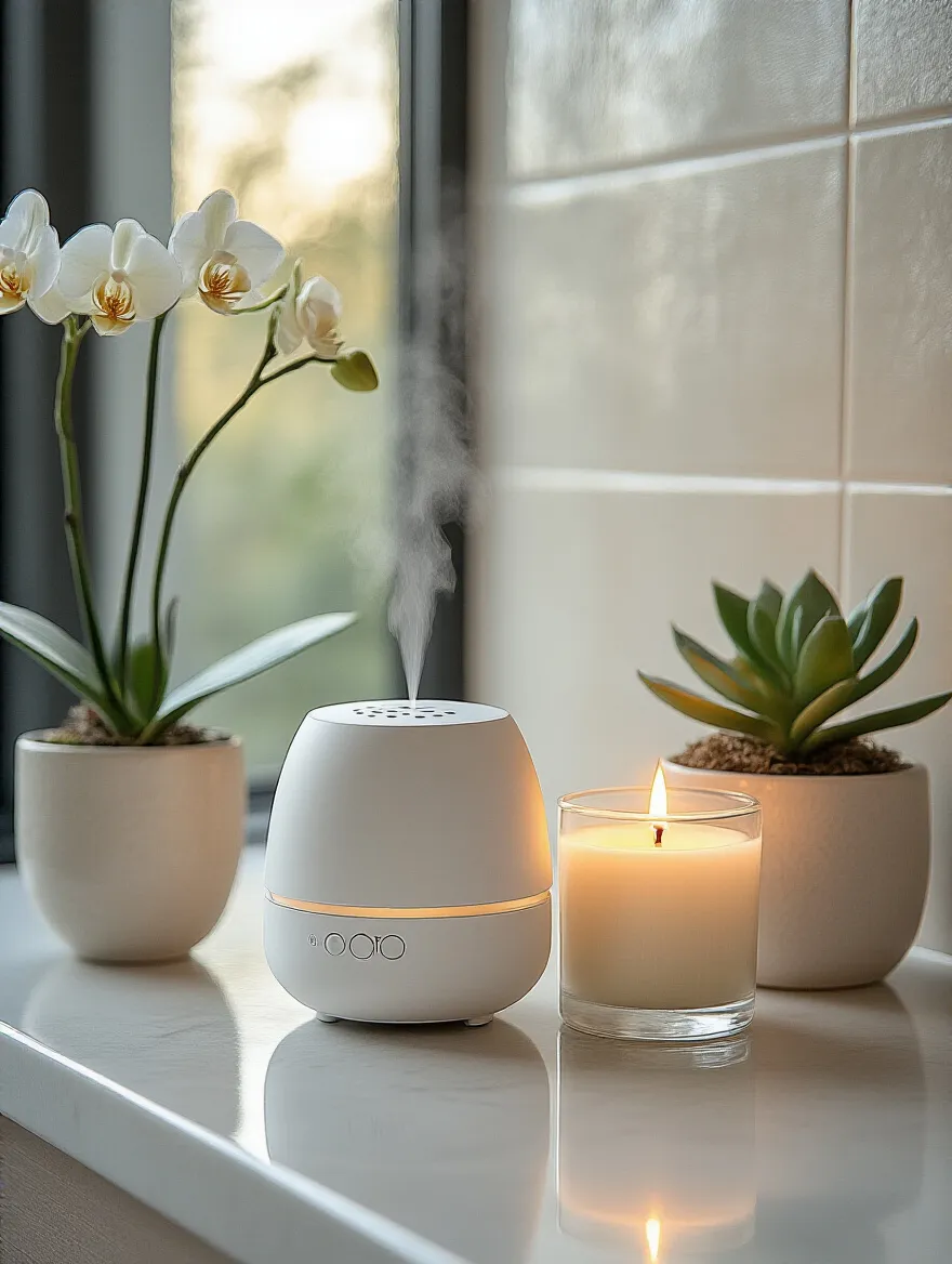Elegant essential oil diffuser, glowing scented candle, and potted orchid on a modern bathroom counter, enhancing the room's thoughtful scented ambiance.