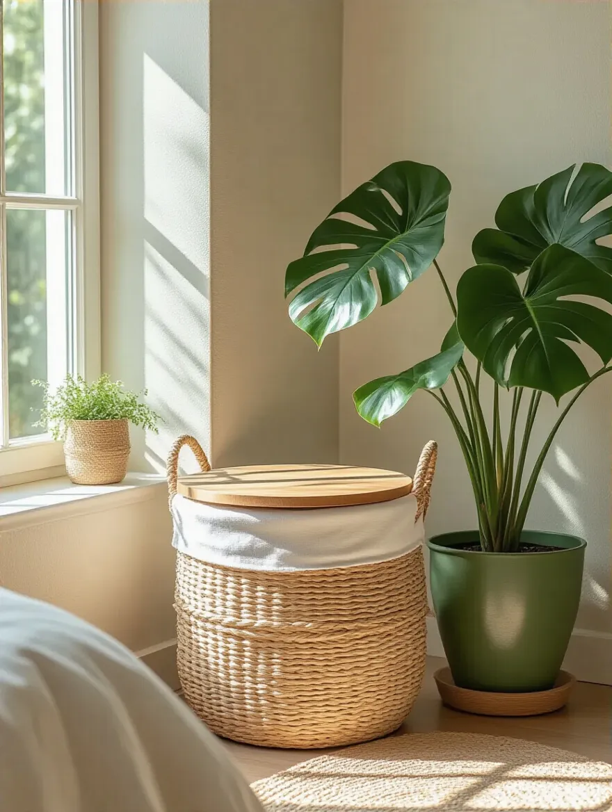 Boho bedroom corner with a large woven sea grass laundry basket with a lid, discreetly placed next to a vibrant Monstera plant. Soft daylight illuminates the natural textures.