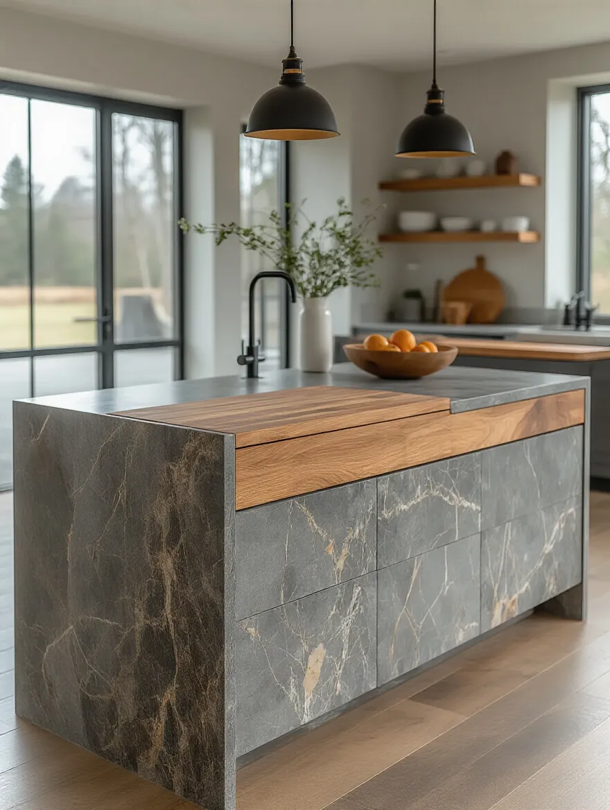 Various kitchen island countertop materials including quartz, granite, wood, and concrete displayed beautifully in a modern kitchen, highlighting durability and aesthetic appeal.