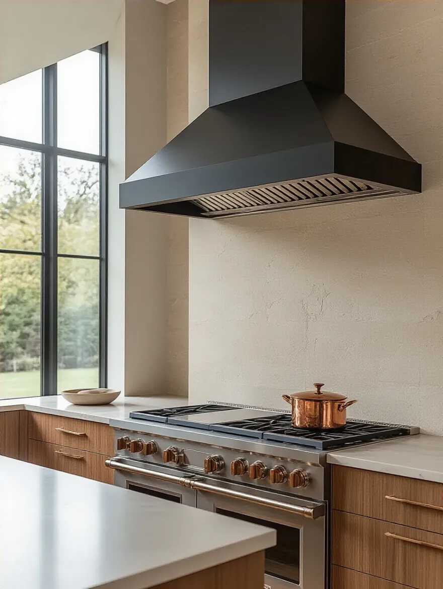 Modern kitchen with a black steel integrated range hood, wood cabinetry, and stone backsplash, highlighting advanced ventilation for air quality and odor mitigation.