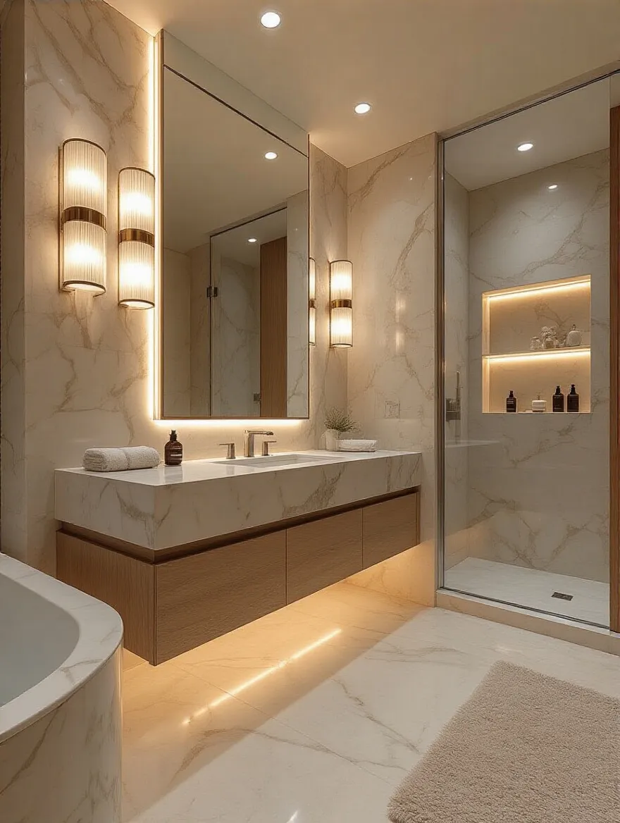 A modern bathroom featuring layered lighting: bright vanity sconces, recessed ceiling lights, and subtle LED accent lighting under a floating vanity and in a shower niche, creating a luxurious and functional space.