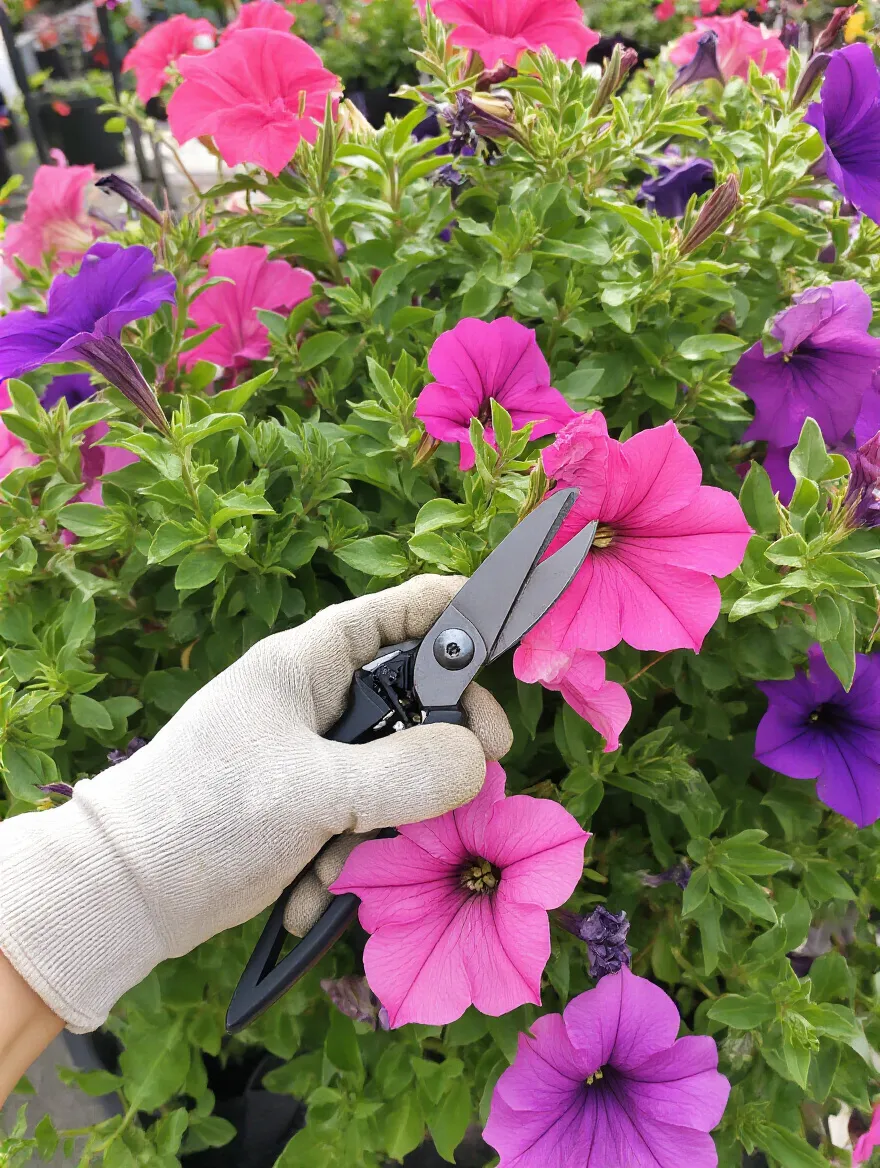 A close-up view of a gardener's hand using sharp bypass pruners to deadhead a vibrant pink petunia in a lush container garden, promoting new blooms. Focus is on the careful trimming process.