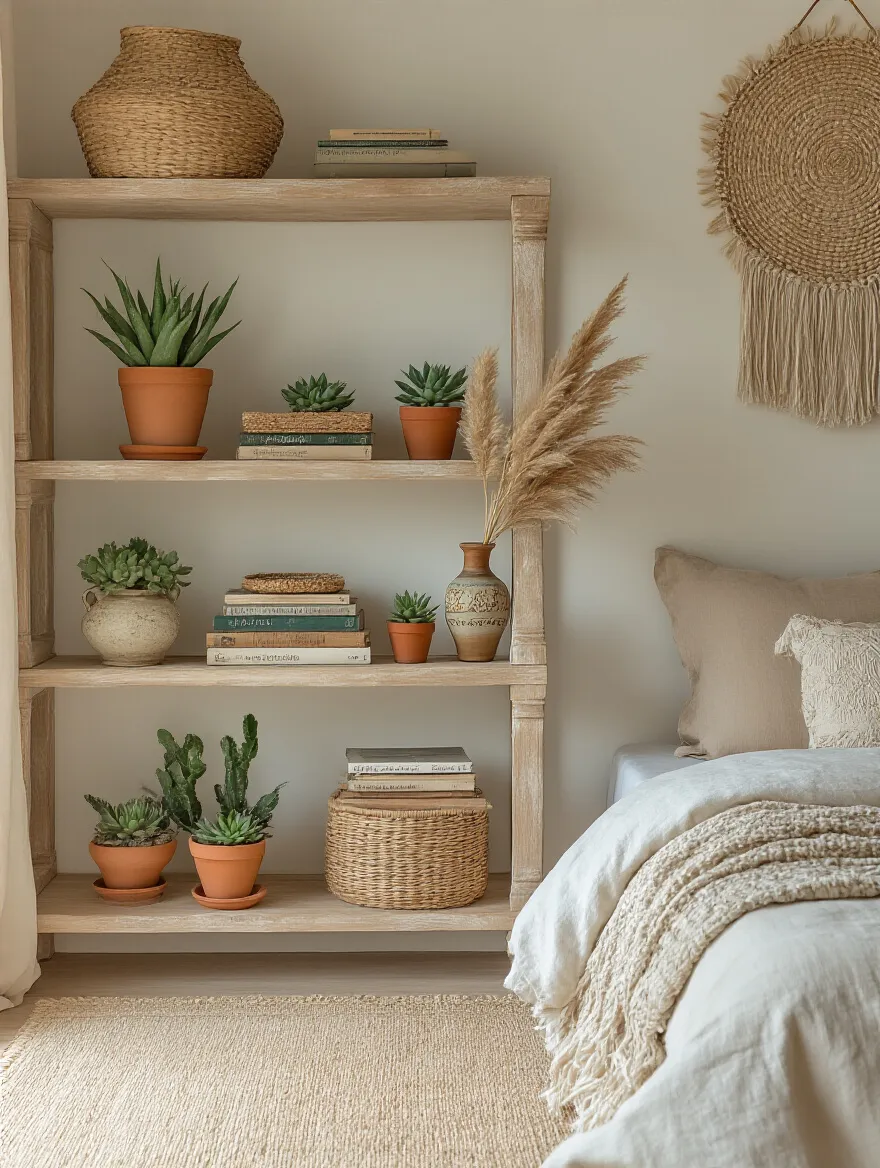 Portrait view of a distressed wooden open shelving unit styled with bohemian collectibles, plants, and books in a cozy boho bedroom.