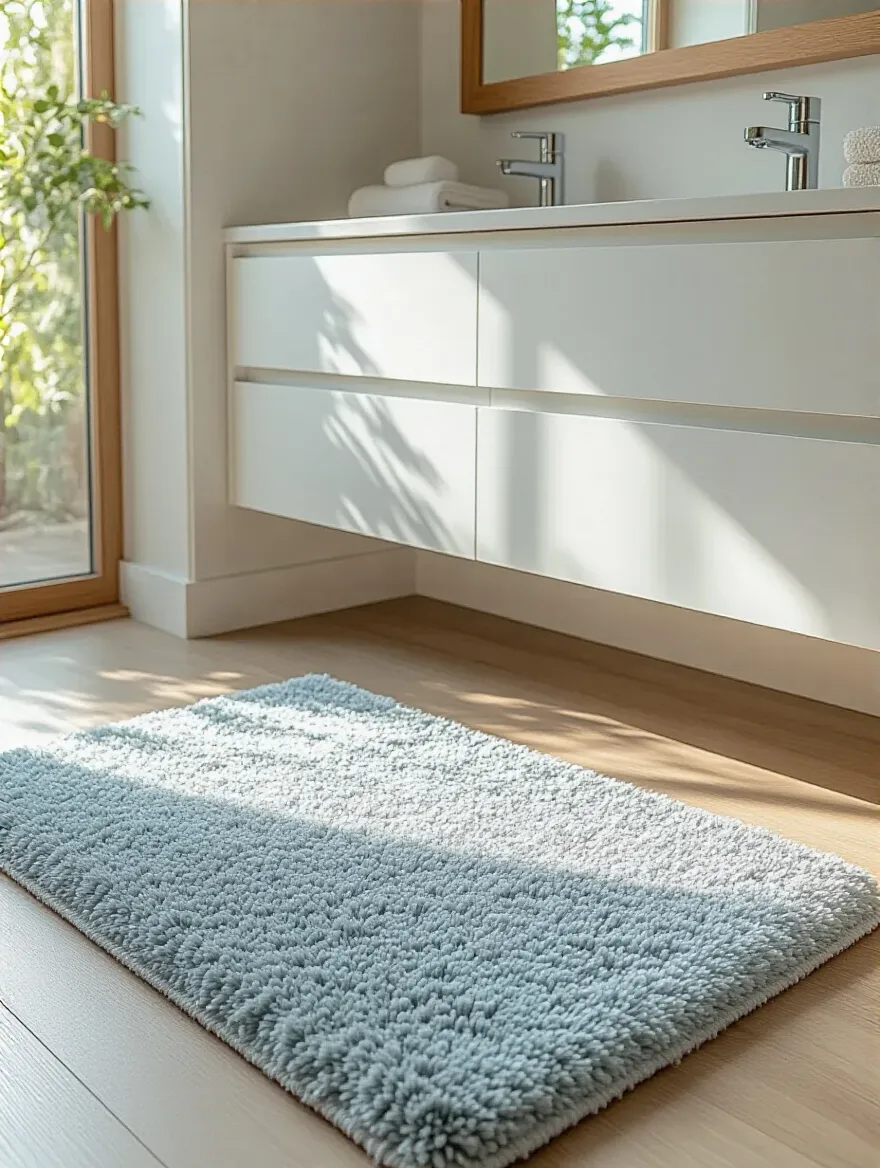 A serene bathroom featuring a luxurious, plush grey small rug placed in front of a modern white double vanity, enhancing comfort and adding a touch of sophisticated style. The space is bathed in soft, natural light, emphasizing cleanliness and warmth.