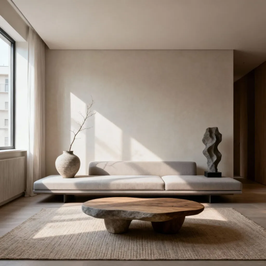 A serene apartment living room showcasing a cohesive aesthetic core with minimalist furniture, neutral colors, and subtle textures, designed for a harmonious and organized space.