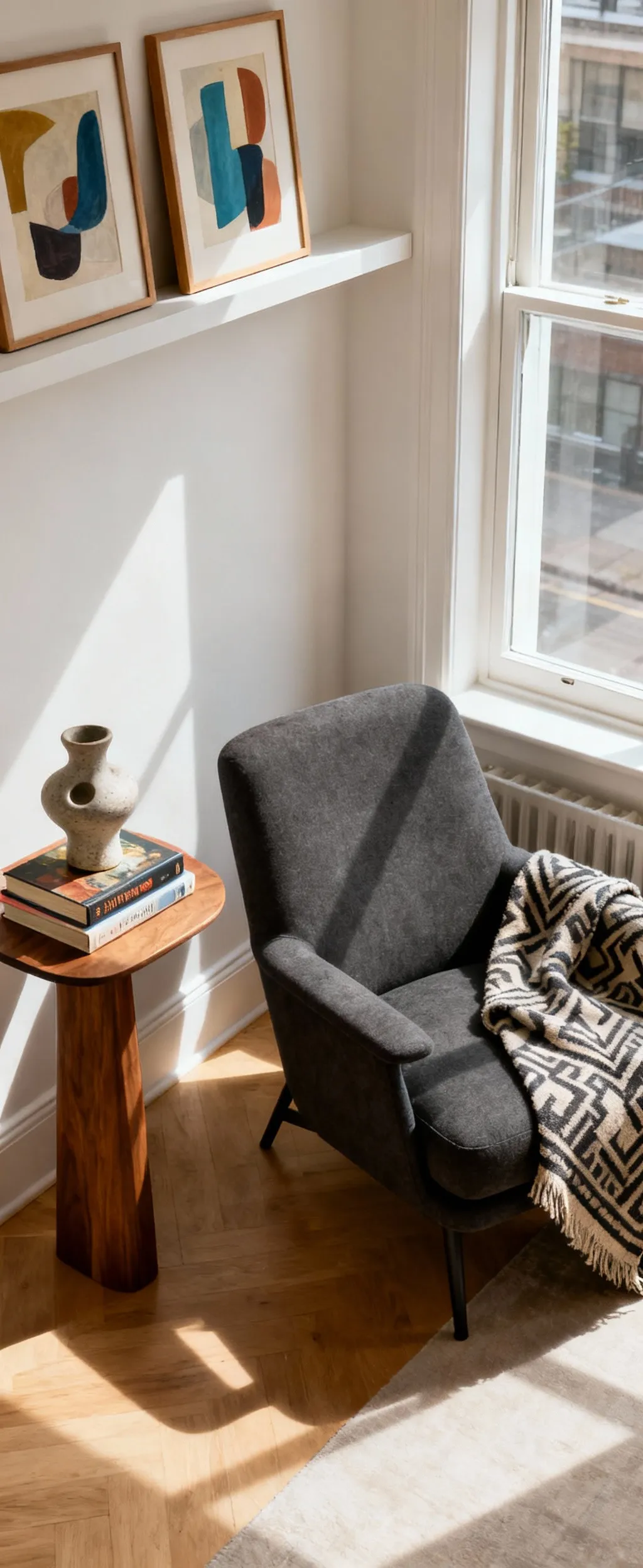 A cozy apartment living room vignette showcasing an armchair, unique ceramic sculpture, books, and framed art on an art ledge, reflecting authentic personal style without people.