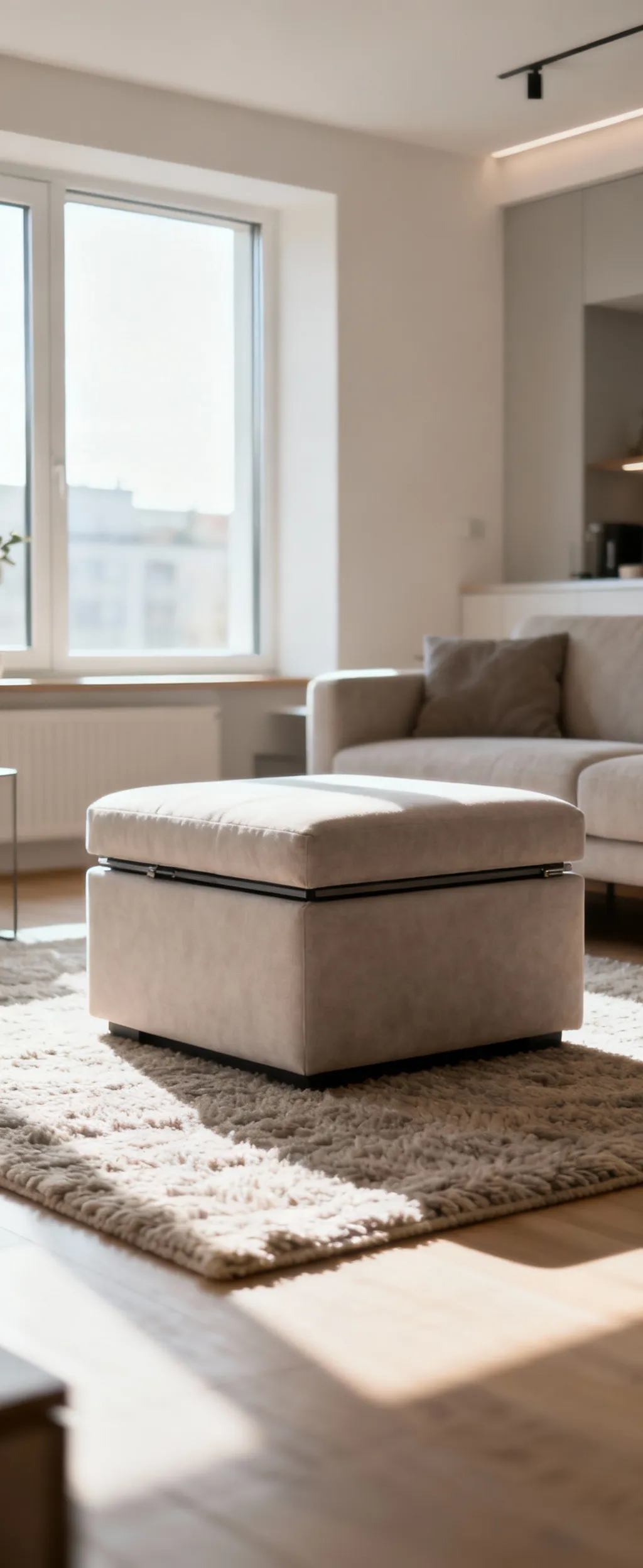 A chic, grey storage ottoman serving as a coffee table and extra seating in a bright, modern small apartment living room.