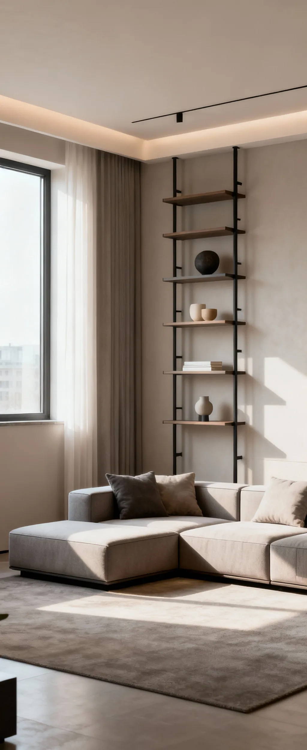 A refined apartment living room showcasing a modular sofa and reconfigurable shelving, illustrating an iterative design process.