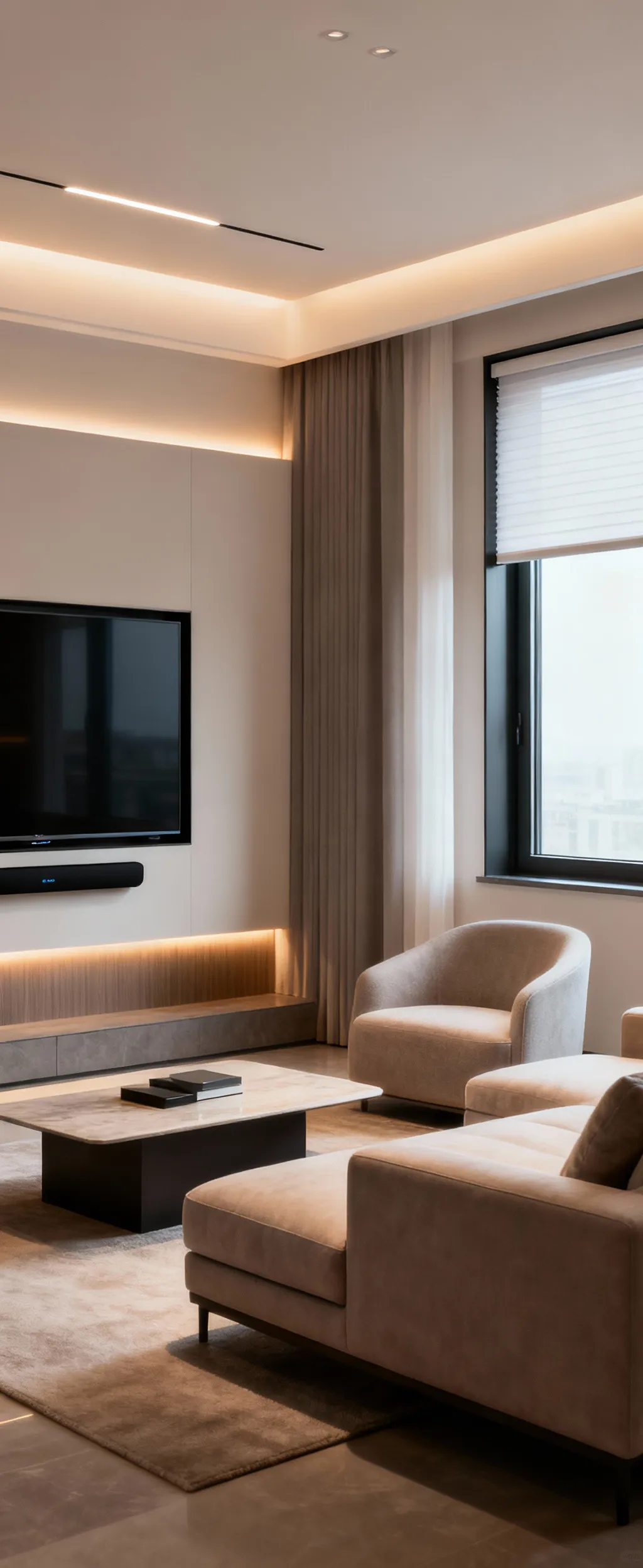 A sophisticated, minimalist apartment living room showcasing seamlessly integrated smart home technology, with no visible devices or wires, featuring elegant modern furniture, soft ambient lighting, and smart blinds, emphasizing a clean and tranquil aesthetic.