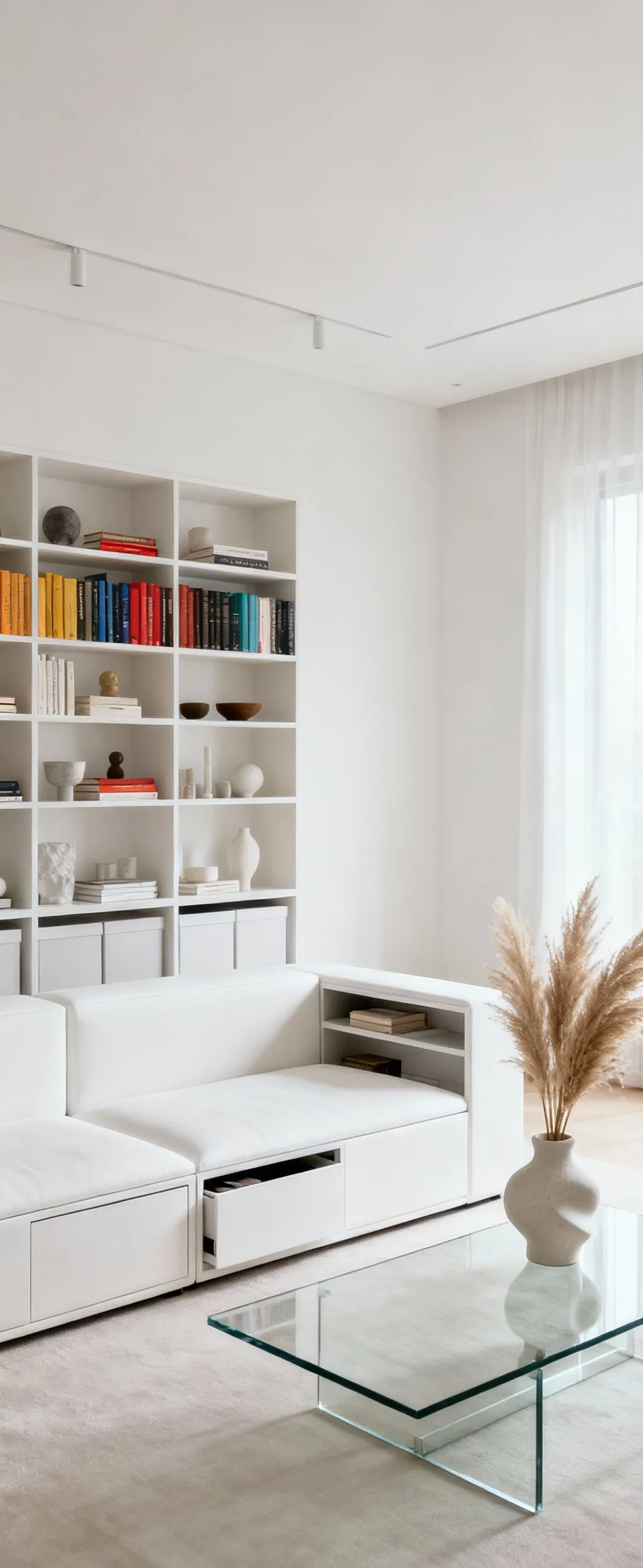 A minimalist apartment living room demonstrating strategic decluttering, featuring a clean white sofa, clear coffee table, curated decor, and ample open space.
