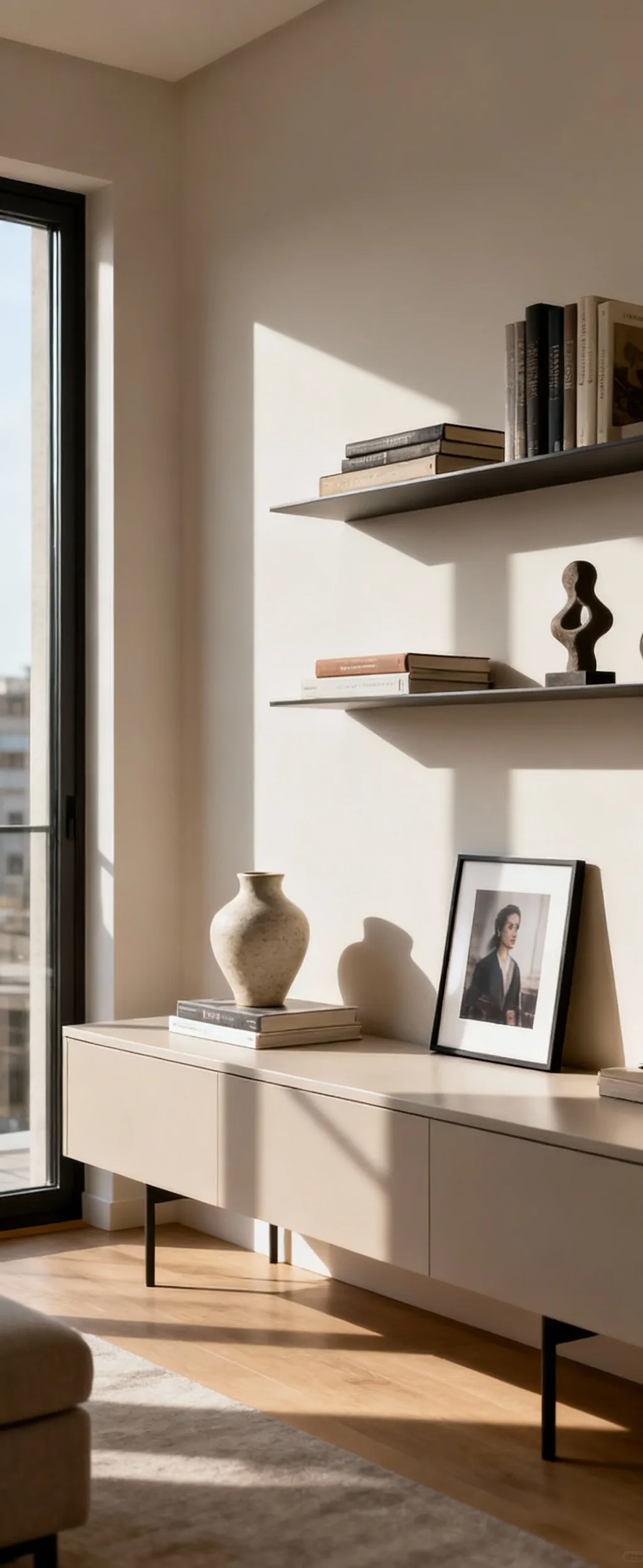 A sophisticated apartment living room display featuring thoughtfully arranged books, small sculptures, and pottery on floating shelves and a minimalist console table, showcasing personal style.