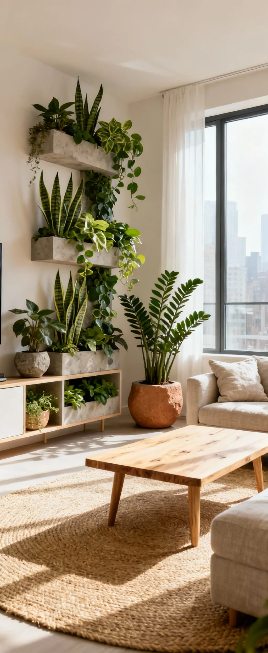 Apartment living room featuring biophilic design elements, including lush houseplants, a jute rug, wooden accents, and abundant natural light for a serene and calm indoor environment.
