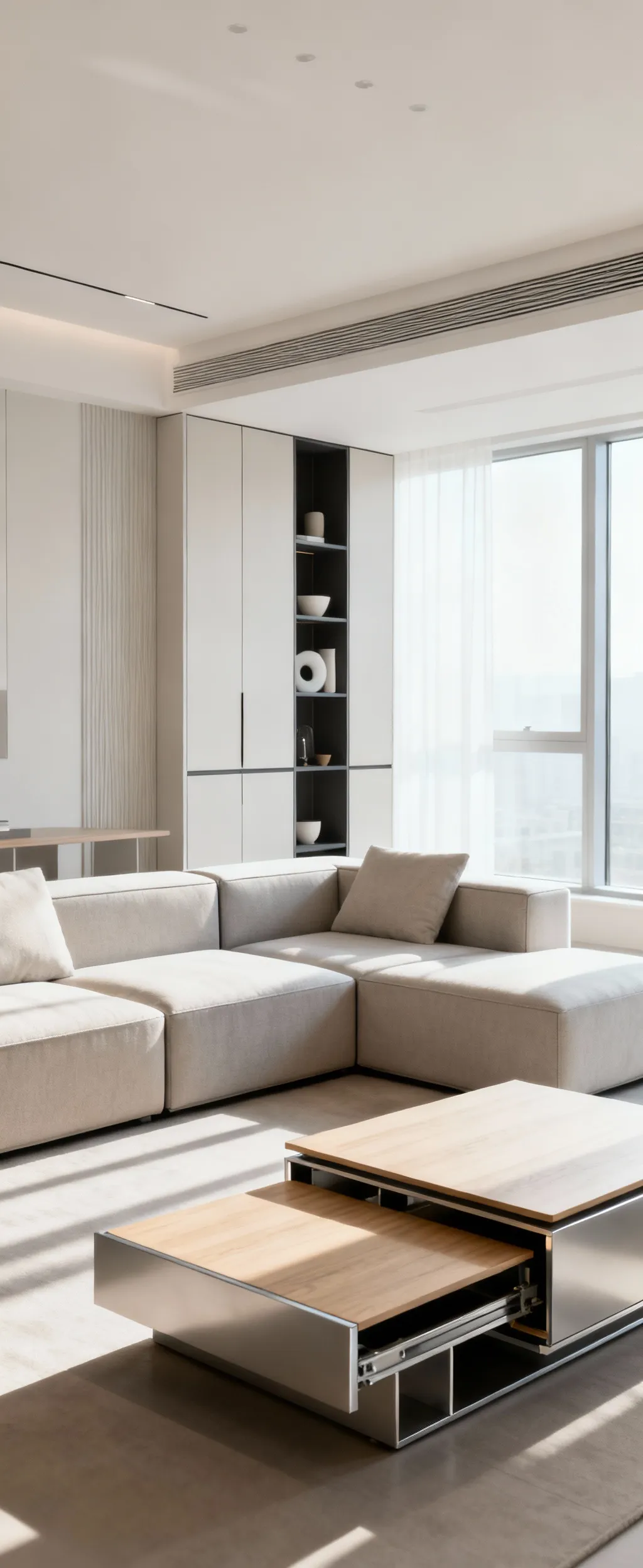 A modern, bright apartment living room showcasing a modular gray sofa, a transforming multi-functional coffee table, and integrated vertical storage. The flexible design elements contribute to a future-proof and adaptable living space with abundant natural light.