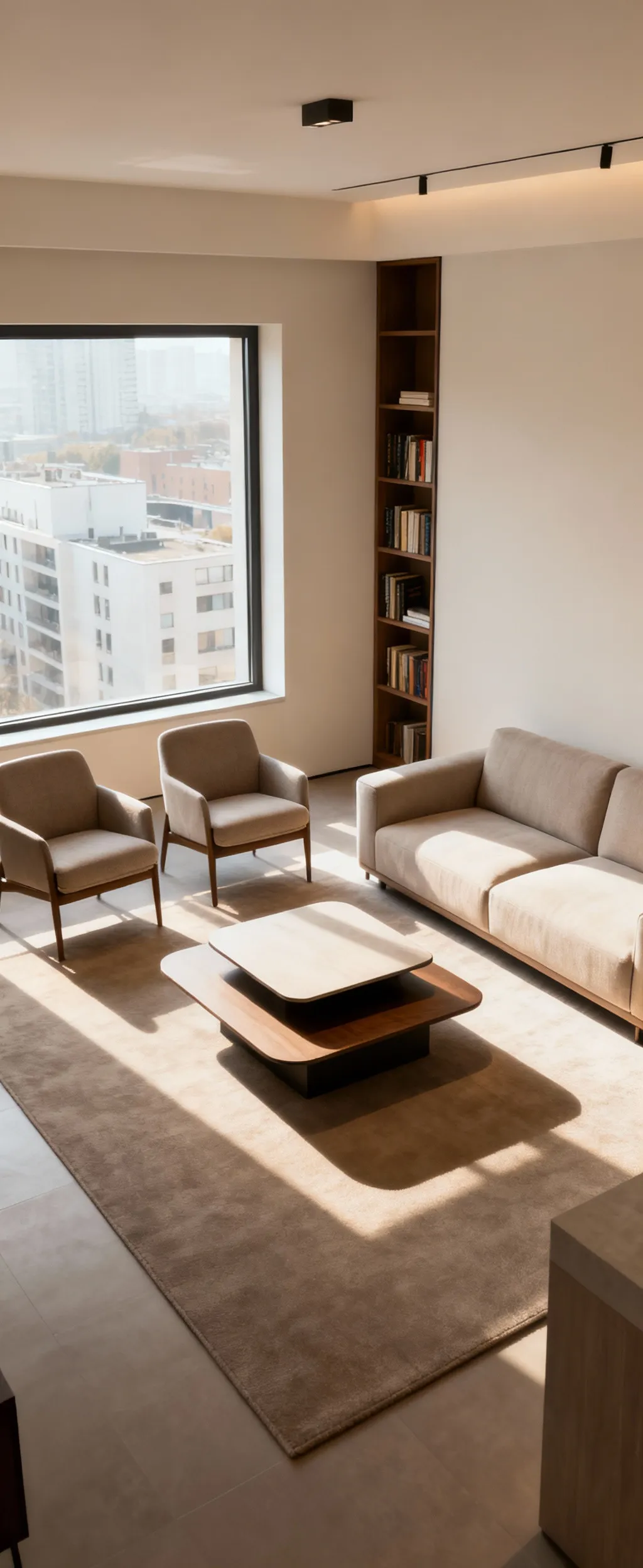 A harmoniously designed apartment living room demonstrating excellent scale and proportion discipline with a well-sized sofa, armchairs, and vertical bookshelf creating a balanced and expansive feel.