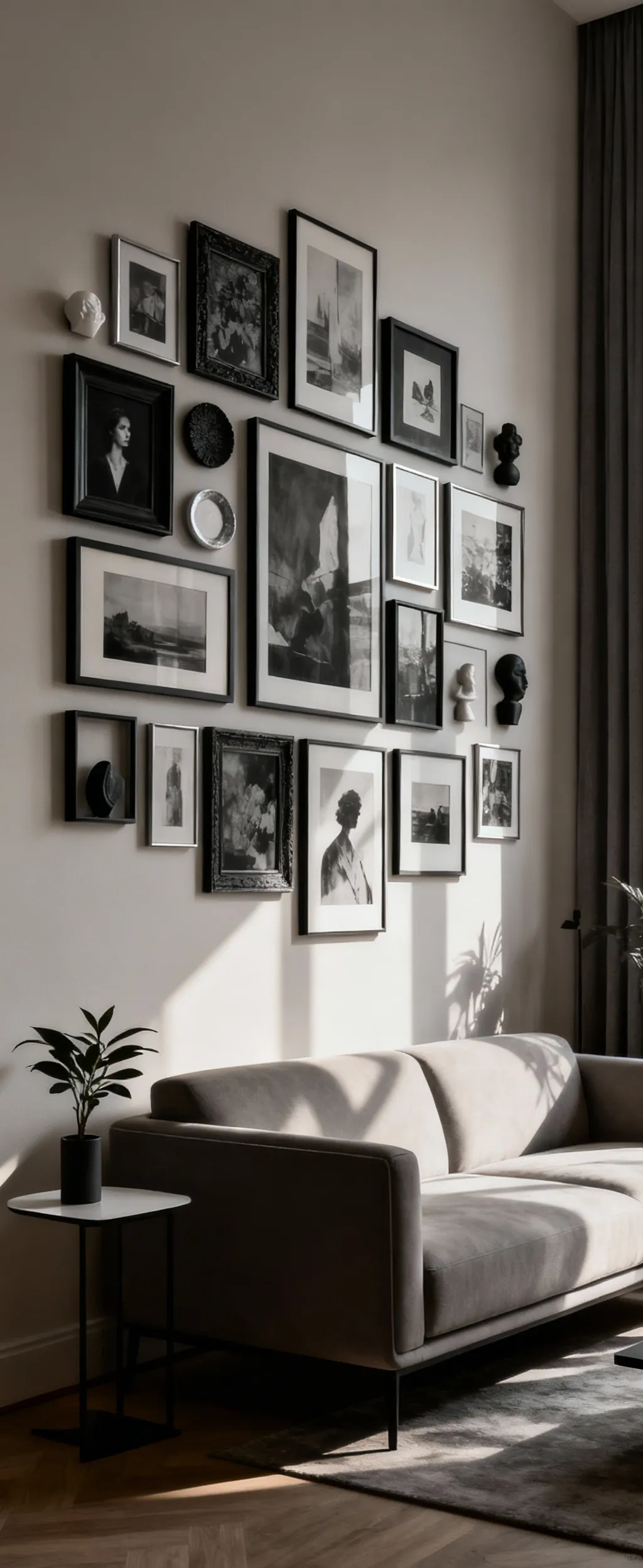 Stylish apartment living room gallery wall with various framed art, black and white photos, and small sculptures in a cohesive arrangement, maximizing vertical space.