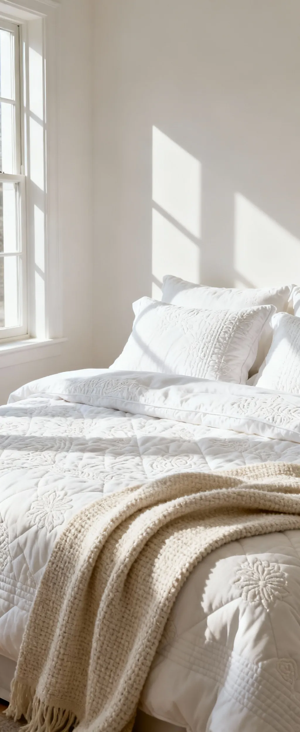 A luxurious white bedroom featuring a bed with layered embossed textiles, showing subtle jacquard and matelassé patterns. Natural light creates soft shadows that highlight the fabric's dimensional topography, adding depth and sophistication to the pristine white space.